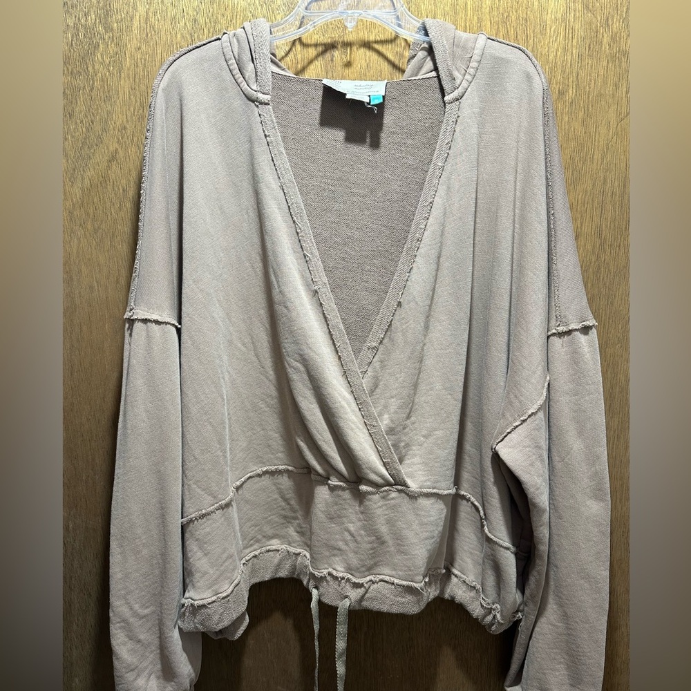 A+nthropologie Taupe crossover hooded sweatshirt/sweater